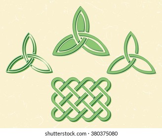 Traditional green celtic style braided knots over textured vintage background.