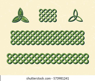 Traditional green celtic style braided knot borders and elements over textured vintage background.
