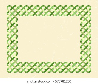 Traditional green celtic style braided knot frame over textured vintage background.