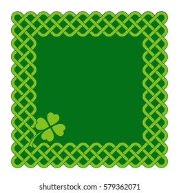 Traditional green celtic style braided knot frame with clover leaf. Irish St. Patrick's day vector background.