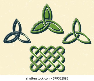 Traditional green celtic style braided knots over textured vintage background.