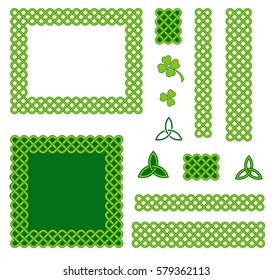 Traditional green celtic style braided knot frames, borders and triquetra design elements isolated over white. Irish St. Patrick's day vector background set.