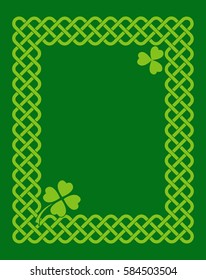 Traditional green celtic style braided knot frame with clover leaves. Irish St. Patrick's day vector background.
