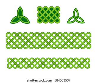 Traditional green celtic style braided knot borders and triquetra design elements isolated over white. Irish St. Patrick's day vector background set.