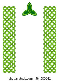 Traditional green celtic style braided knot borders with triquetra symbol isolated over white. Irish St. Patrick's day vector background.