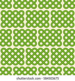 Traditional green celtic style braided knots seamless pattern. Irish St. Patrick's day vector background.