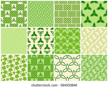 Traditional green celtic style braided knots, triquetra symbols and clover leaves seamless patterns set. Irish St. Patrick's day vector backgrounds.