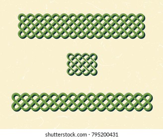 Traditional green celtic style braided knot borders over textured vintage background.