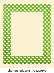 Traditional green celtic style braided knot frame over textured vintage background.