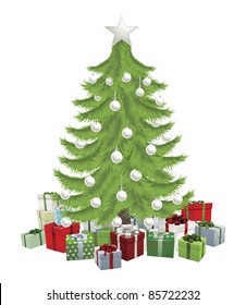 Traditional green Christmas tree with baubles and gifts.