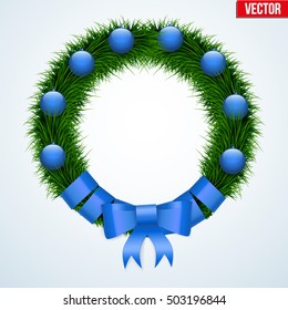 Traditional Green Christmas Wreath With Blue Ribbon And Bow. Christmas Balls. Vector Illustration Isolated On Background.