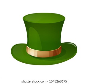 Traditional green hat of leprechaun, gnome, for St. Patrick's Day. Headdress of character that brings wealth, luck. Vector illustration isolated.