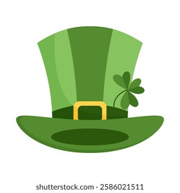 Traditional green leprechaun hat with clover. St. Patrick's Day symbol. Vector illustration on white background.