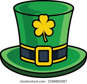 Traditional green leprechaun hat with clover. St. Patrick's Day symbol. Vector illustration on white background.