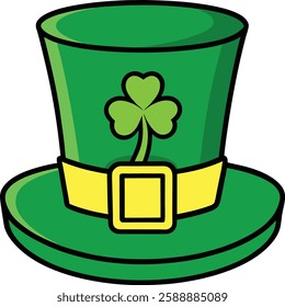 Traditional green leprechaun hat with clover. St. Patrick's Day symbol. Vector illustration on white background.