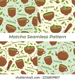 Traditional green tea matcha seamless pattern set collection