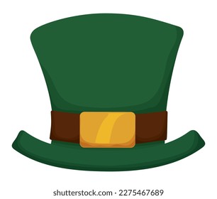 Traditional green top hat for St. Patrick's Day with brown belt and golden buckle. Design in cartoon style and front view.