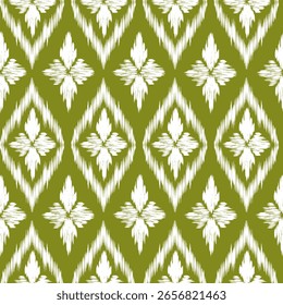  
Traditional green and white Ikat pattern with diamond and floral motifs.