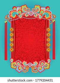 Traditional greeting board design inspired by oriental opera head gear and retro pattern.Translation: Spring filled with joy and celebration to family.