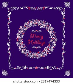 Traditional greeting Xmas card with paper cutting decoration wreath of mistletoe, snowflakes and red berries on violet background. Vector vintage illustration for Christmas and New year holidays