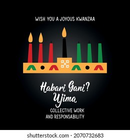 Traditional greetings during Kwanzaa. Questions in Swahili: How are you. Ujima means Collective Work and Responsibility. Congratulations on the third day of Kwanzaa. African American holidays card.