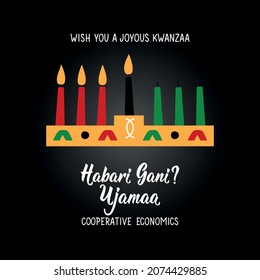 Traditional greetings during Kwanzaa. Questions in Swahili: How are you. Ujamaa means Cooperative economics. Congratulations on the fourth day of Kwanzaa. African American holidays card.