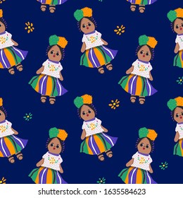Traditional Guatemalan colorful doll, seamless pattern in blue background
