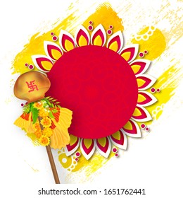 Gudhi tradicional con marco de Mandala vacío y efecto de trazo de pincel amarillo en fondo blanco.
