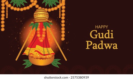 Traditional Gudi Padwa celebration with a beautifully adorned Gudi (flagpole) draped in colorful fabric, garlands of marigold flowers, and mango leaves, against a dark background with the greeting 'Ha