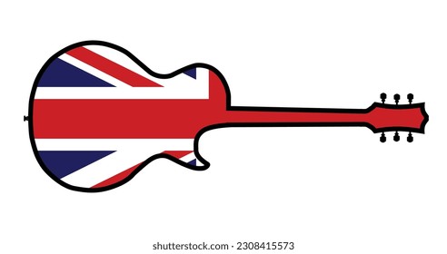 Silhouettes de forma de guitarra tradicional aisladas sobre un fondo blanco con el inset de la bandera Union Jack