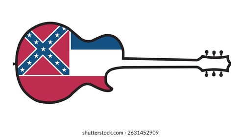 Traditional guitar shape silhouettes isolated over a white background with the Mississippi state flag