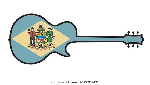 Traditional guitar shape silhouettes isolated over a white background with the Delaware state flag