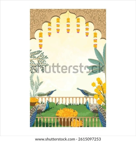 Traditional Haldi ceremony background with marigold garlands, peacocks, floral pots, and decorative arch design. Ideal for Indian wedding invites, festive cards, and cultural event templates.
