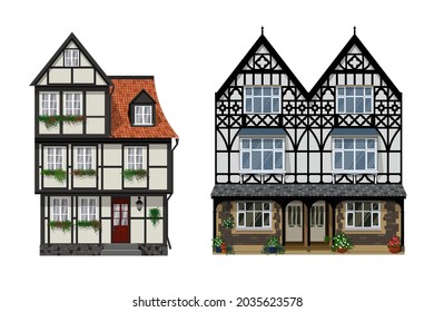Traditional half timbered houses. Classic German architecture. Bavarian buildings. Vector illustration