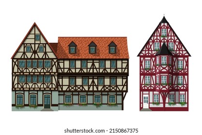 Traditionelle Häuser mit Halbholz. Klassische deutsche Architektur. Bayerische Gebäude. Vektorgrafik