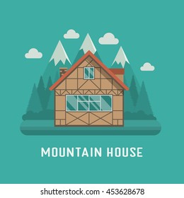 Traditional half-timbered cottage at national park area. Mountain chalet building. Family summer house poster. Living or rental country home on mountains landscape. Wooden hut dwelling for booking.