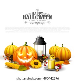 Traditional Halloween background with pumpkins, old lantern, corn and sunflowers on  white background