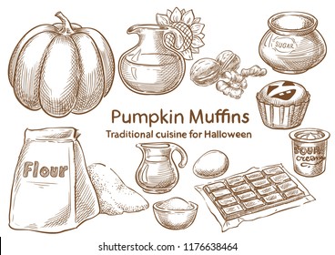 Traditional Halloween Food ingredients. Pumpkin muffins