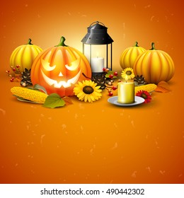 Traditional Halloween greeting card with pumpkins, old lantern, corn and sunflowers on orange background