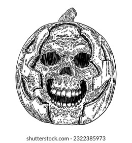 Traditional Halloween pumpkin drawing. Pumpkin carved face, smile and scary eyes for candles and party night. Jack o lantern glows in the dark on Halloween night. Creepy autumn holiday decor. Vector.