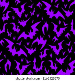 Traditional Halloween seamless pattern with flying bats. Hand drawn vector background in purple and black.