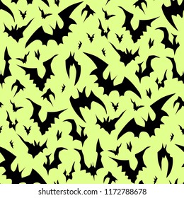 Traditional Halloween seamless pattern with flying bats. Hand drawn vector background in light green and black.