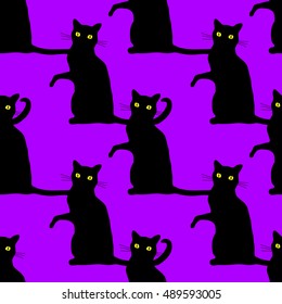 Traditional Halloween seamless pattern with scary black cats over purple background.