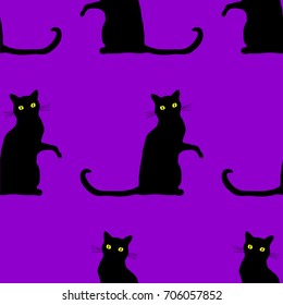Traditional Halloween seamless pattern with scary black cats over purple background.