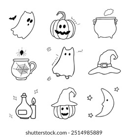 Traditional Halloween symbols: ghosts, ghost cat, pumpkin, witch hat, potion, candles, spider, cobweb, night. Drawn vector isolated on white, doodle. Set of Halloween stickers, icons. Festive mood.