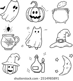 Traditional Halloween symbols: ghosts, ghost cat, pumpkin, witch hat, potion, candles, spider, cobweb, night. Drawn vector isolated on white, doodle. Set of Halloween stickers, icons. Festive mood.