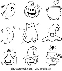 Traditional Halloween symbols: ghosts, ghost cat, pumpkin, witch hat, potion, candles, spider, cobweb, night. Drawn vector isolated on white, doodle. Set of Halloween stickers, icons. Festive mood.