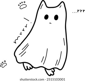 Traditional Halloween symbols: ghosts, ghost cat, pumpkin, witch hat, potion, candles, spider, cobweb, night. Drawn vector isolated on white, doodle. Set of Halloween stickers, icons. Festive mood.