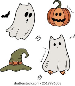 Traditional Halloween symbols: ghosts, ghost cat, pumpkin, witch hat, potion, candles, spider, cobweb, night. Drawn vector isolated on white, doodle. Set of Halloween stickers, icons. Festive mood.