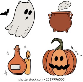 Traditional Halloween symbols: ghosts, ghost cat, pumpkin, witch hat, potion, candles, spider, cobweb, night. Drawn vector isolated on white, doodle. Set of Halloween stickers, icons. Festive mood.